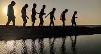 Group of Children Walking Near Body of Water Silhouette Photography