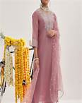 Buy Varanga Women Mauve Floral Yoke Design Chanderi Silk Kurta With Trousers & With Dupatta - - Apparel for Women