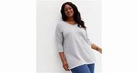 Curves Grey Fine Knit Long V Neck Top | New Look