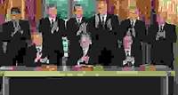 World leaders applauding after the signing of the General Framework Agreement for Peace in Bosnia and Herzegovina, Paris, December 14, 1995. Seated (from left) are Slobodan Milošević, Franjo Tudjman, and Alija Izetbegović. Standing (from left) are Felipe González, Bill Clinton, Jacques Chirac, Helmut Kohl, John Major, and Viktor Chernomyrdin.