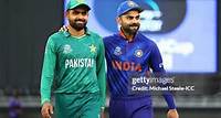 Babar Azam of Pakistan and Virat Kohli of India interact ahead of the ICC Men's T20 World Cup match between India and Pakistan at Dubai International