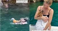 Fiorella Mattheis e marido resgatam e adotam cachorra durante passeio de barco