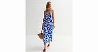 Blue Abstract Cotton Ruched Strappy Midaxi Dress | New Look