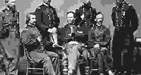 General William Tecumseh Sherman and staff (from left to right): Generals Oliver O. Howard, John A. Logan, William B. Hazen, Sherman, Jefferson Davis, Henry W. Slocum, and Joseph Mower. Photograph by Mathew B. Brady.