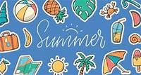 summer horizontal banner decorated with lettering quote and doodles on blue background. Good for greeting cards, prints, invitations, promotions, labels, etc. EPS 10