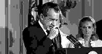 U.S. Pres. Richard M. Nixon giving a farewell speech at the White House, with his daughter Tricia in the background, August 8, 1974.