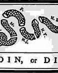 “Join, or Die,” the first known American cartoon, published by Benjamin Franklin in his