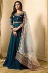 Turquoise Embroidered Faux Georgette Akarkali Suit