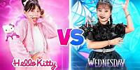 One Colored Makeover Challenge! Hello Kitty Vs Wednesday! Funny Stories About Baby Doll Family
